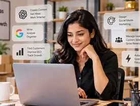 Indian small business owner using AI tools for marketing, sales and productivity