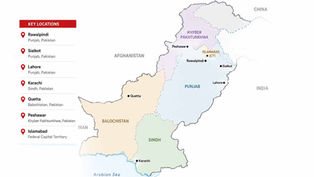 Map of Pakistan showing key locations including Rawalpindi, Sialkot, Lahore, Karachi, Quetta, Peshawar and Islamabad in an explainer on the “unknown gunmen” killings.
