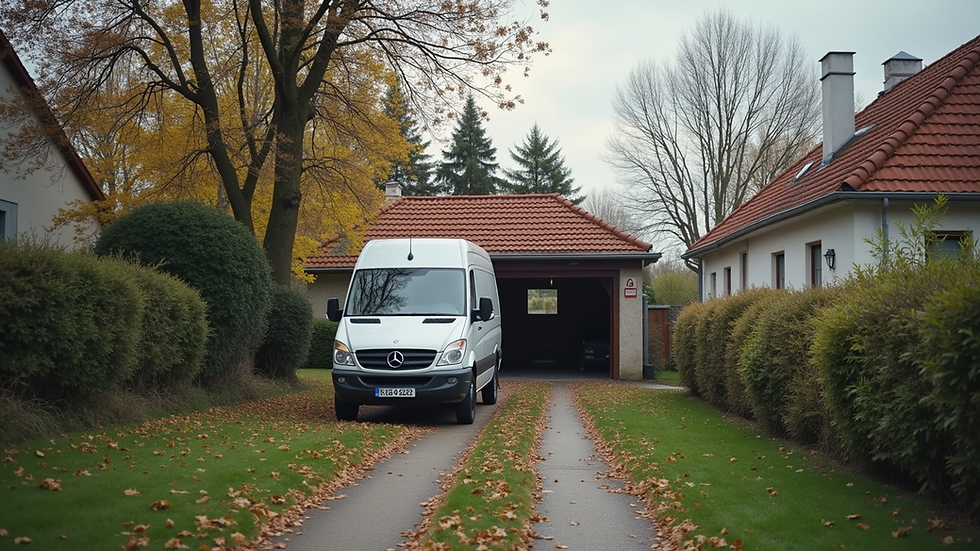Vue en plongée d’un véhicule garé devant une maison pour une réparation de pare-brise