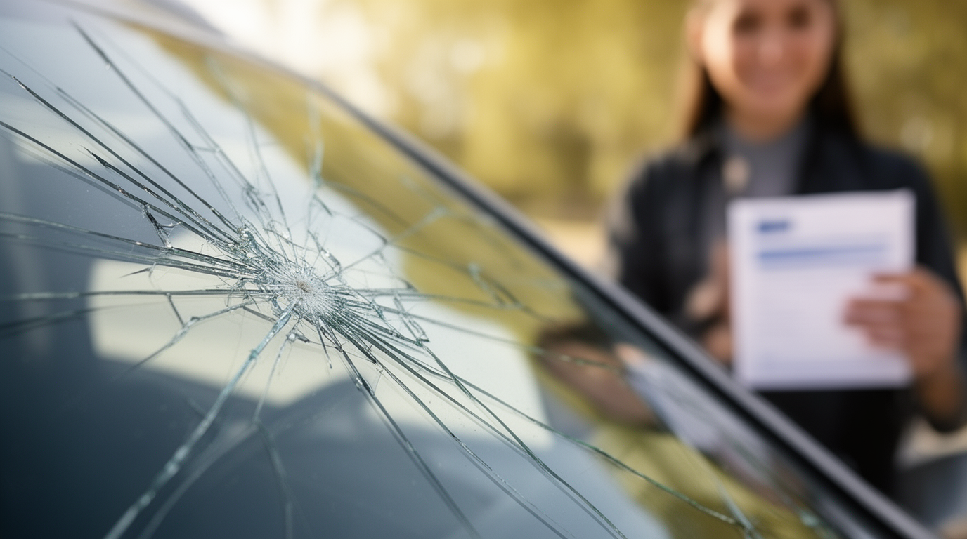 Pare-brise fissuré et documents d'assurance auto