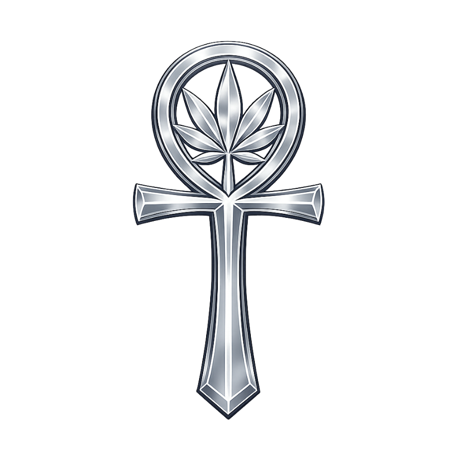 Temple Cross - A silver Egyptian ankh with a seven-fingered leaflet from the hemp plant inside the egg-shaped center.