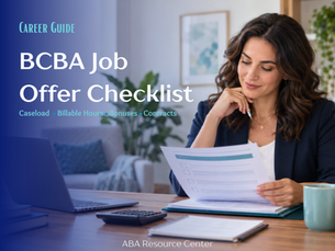 lady reviewing bcba job offer with text that says bcba job offer checklist