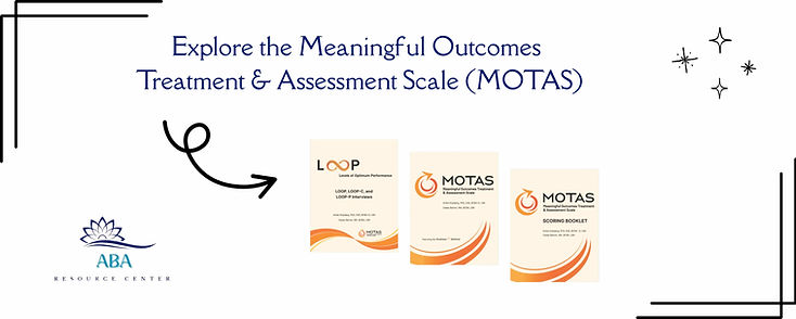 Promotional slide for MOTAS with three booklet covers, ABA Resource Center logo, and decorative arrows and stars.