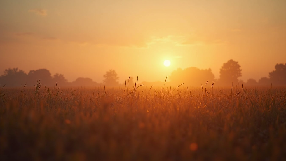 Eye-level view of a serene landscape with a sunrise