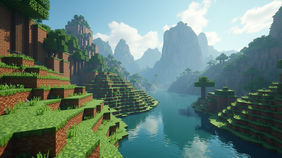 High angle view of a blocky digital landscape in Minecraft