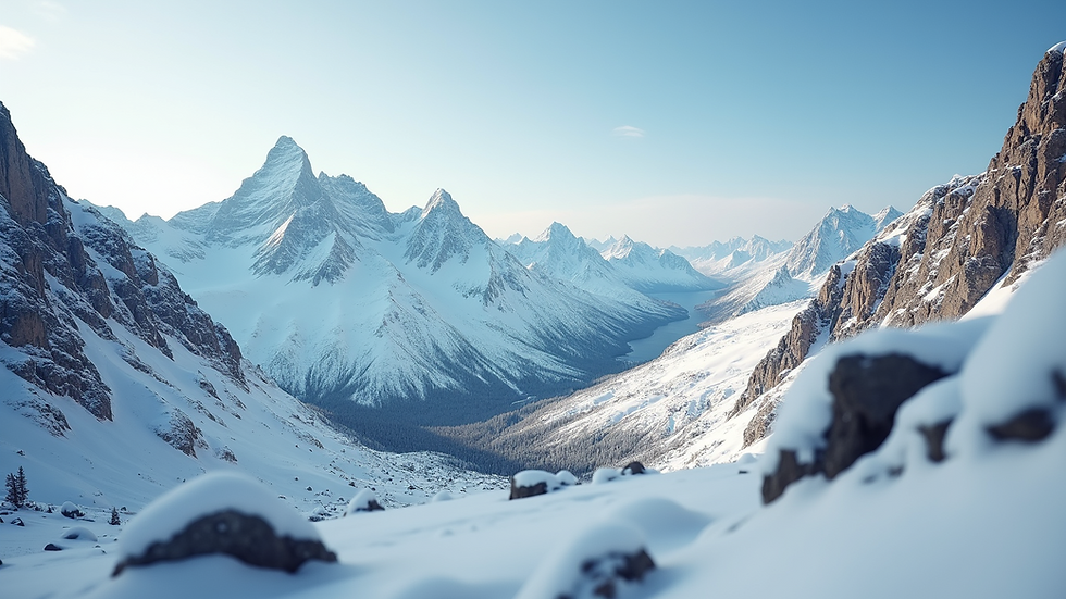 Eye-level view of snow-capped peaks of a mountain range