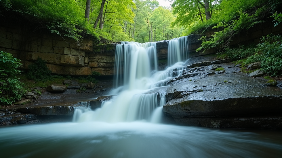 Close-up view of a serene waterfall in a lush forest