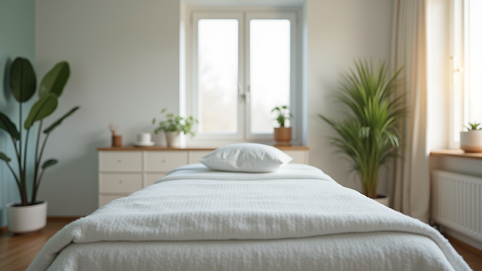 Eye-level view of a calm osteopathic clinic room with treatment table