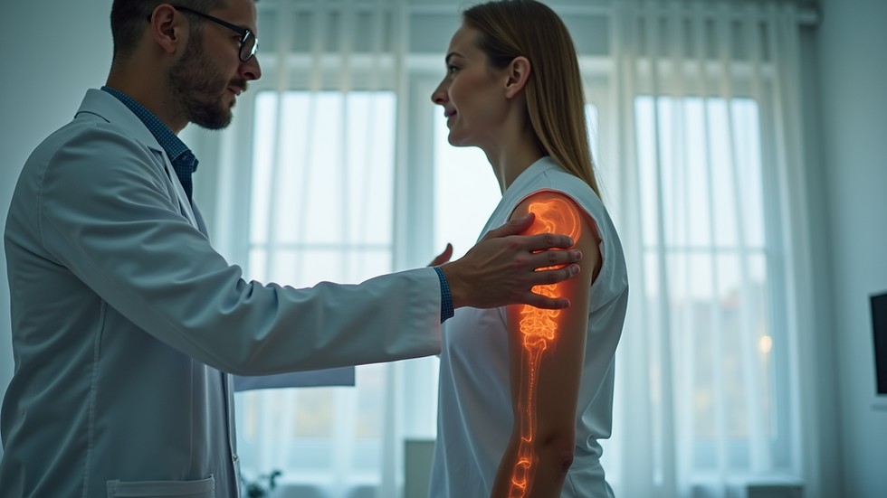 Eye-level view of a posturologist analyzing a patient's posture in a clinic