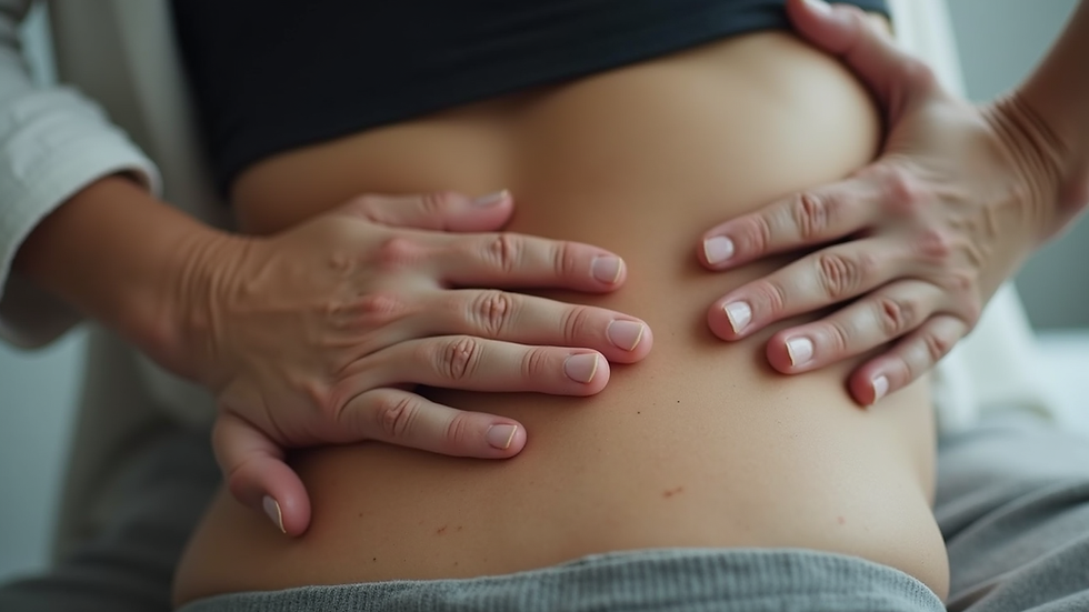 Close-up view of osteopathic hands gently manipulating the abdominal area