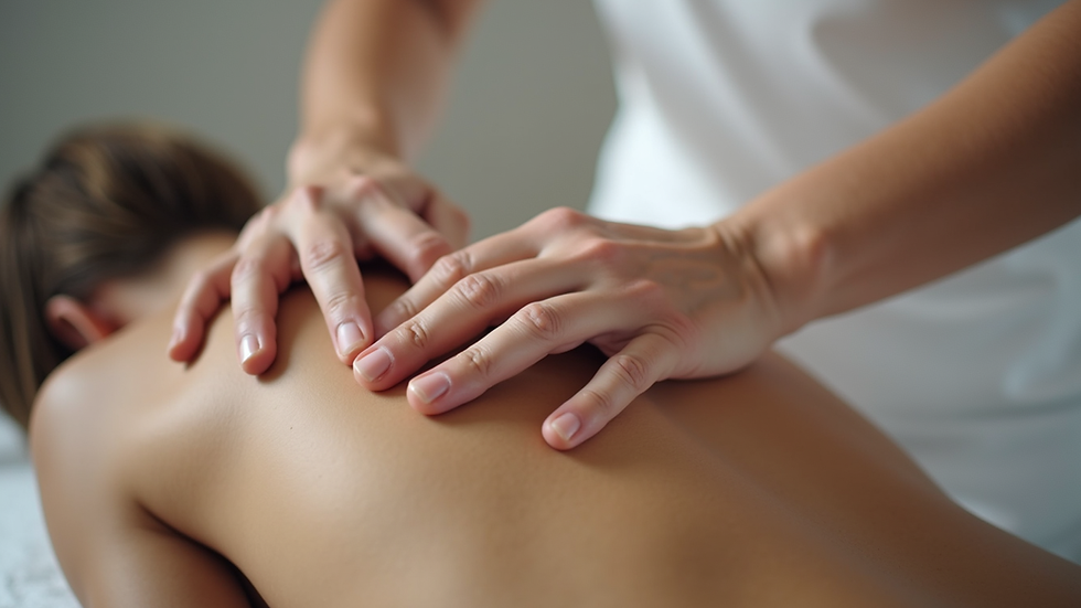 Close-up view of osteopathic hands applying gentle pressure on a patient’s shoulder