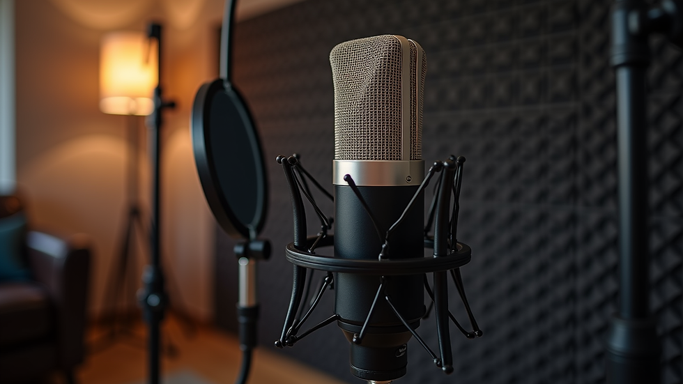 Close-up view of a professional microphone setup in a soundproof studio