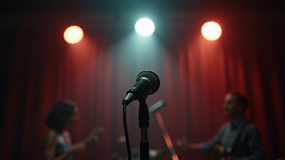 Eye-level view of a small comedy club stage with microphone and spotlight