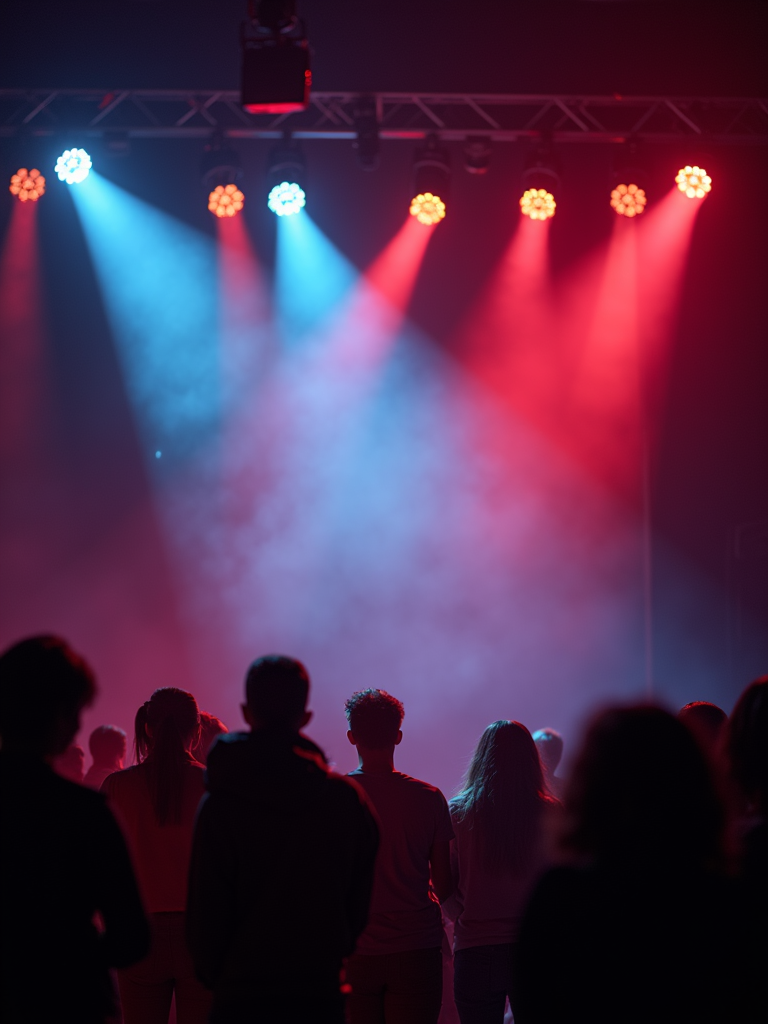 A vibrant live concert stage illuminated by colorful blue spotlights.