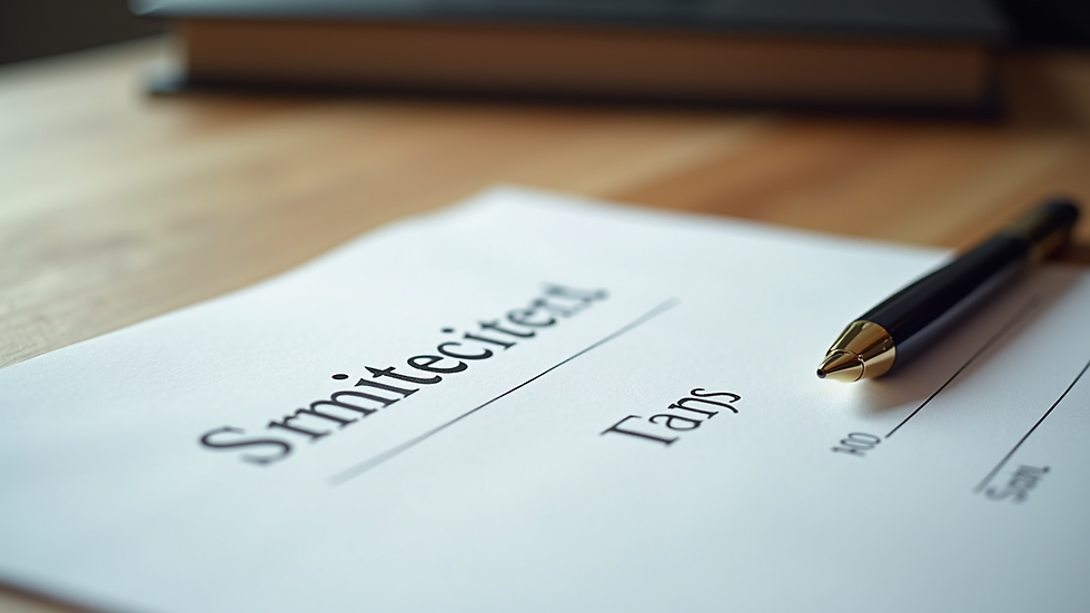 Close-up view of legal documents and a pen on a wooden desk