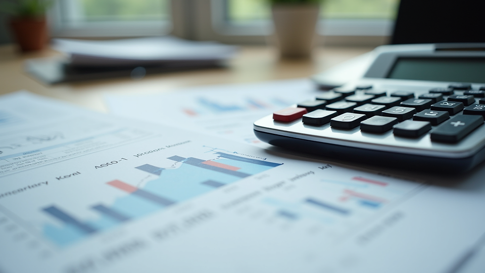 Close-up view of financial documents and calculator on office desk