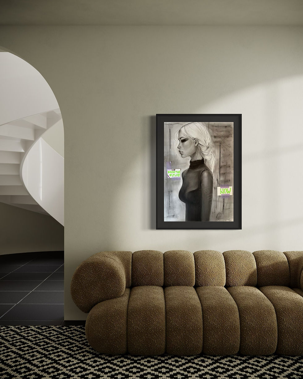 Contemporary art portrait displayed above a brown sofa