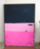 Abstract painting “Between Three Dimensions” in vivid pink and blue, created with acrylic and texture paste on natural linen.
