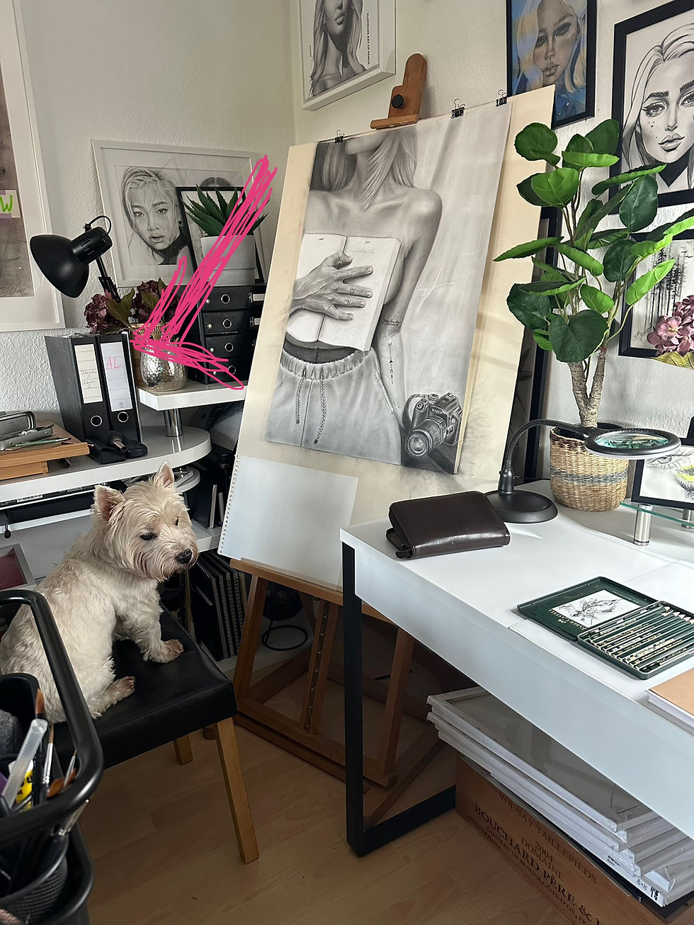 White West Highland Terrier in an art studio with contemporary art portraits