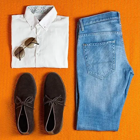 A NYFG Shopboard curated for a client featuring blue jeans, a white button down shirt, sunglasses, and brown shoes