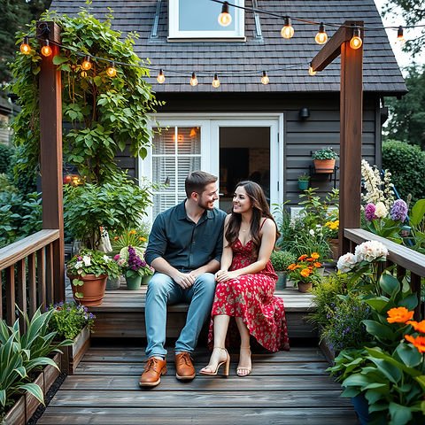 a picture of a young couple sat on their deck in their dream garden.jpg