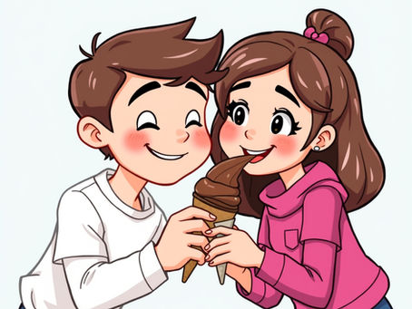 Cartoon boy and girl smiling and sharing a chocolate ice cream cone on a plain light background