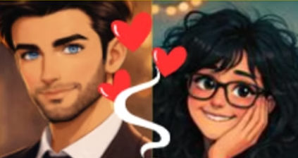 Illustrated man and woman portraits with red hearts linked by a white swirl
