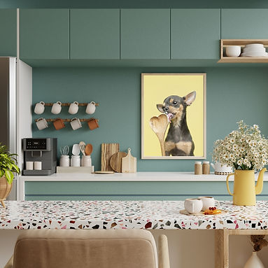 Chihuahua licking wooden spoon displayed in frame in kitchen