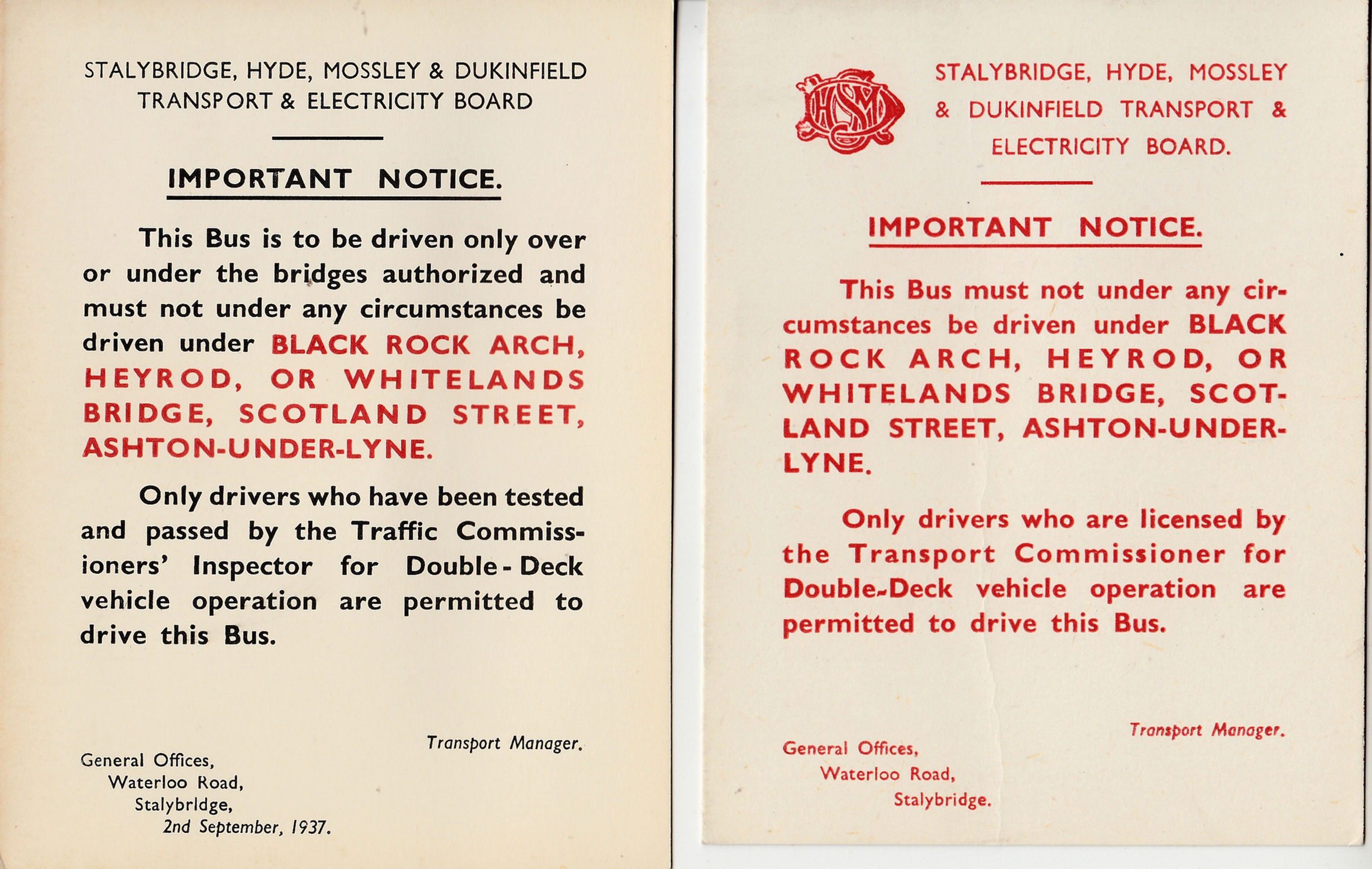 SHMD Driver Notification Cards - 1930s
