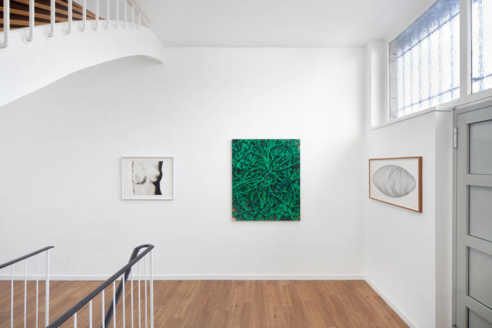 Figurative Tuschemalerei und grünes abstraktes Ölbild von Gregor Kalus und Atemzeichnung von John Franzen bei der zeitgenössischen Galerie Schlieder Contemporary in Frankfurt