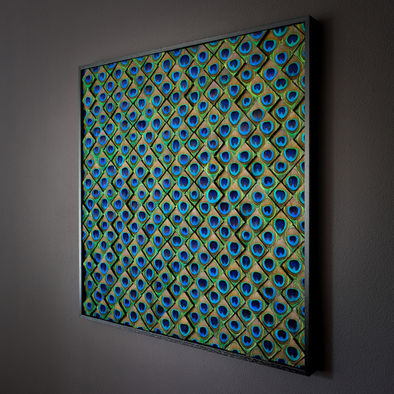 Quadratisches Kunstwerk aus Pfauenfedern von Hilde Trip