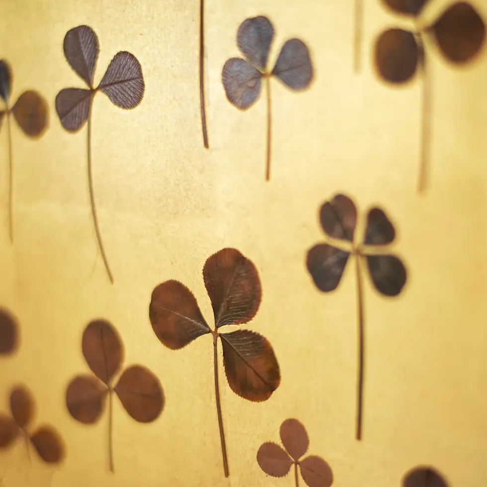 Miniaturbild: Detail von Hilde Trips „Find your luck“: konservierte drei- und vierblättrige Kleeblätter auf Blattgold.
