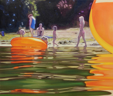 Ölmalerei im Querformat mit Schwimmreifen und orangefarbenem Wasserball mit Menschen am Seeufer