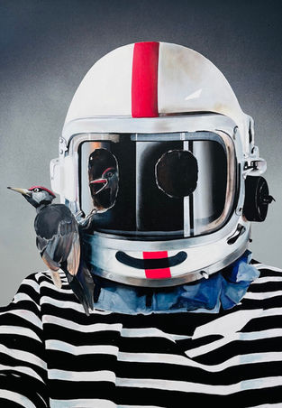 Malerei Portrait mit rot schwarz gestreiftem TShirt Helm und Vögeln von Timo von Eicken