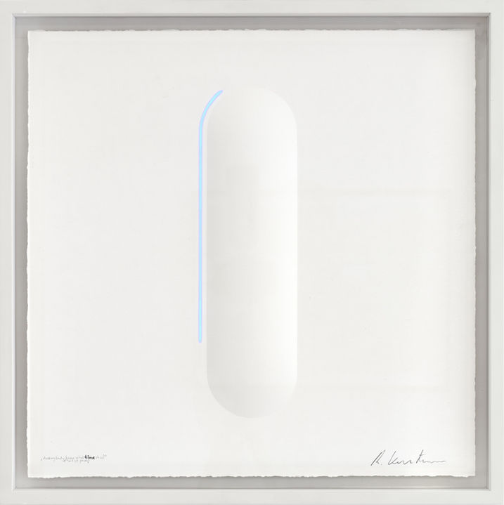 White minimal paper artwork with geometric oval form in center in white frame with light element