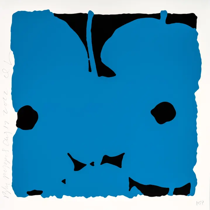 Minimalist composition by Donald Sultan showing bold blue forms against a stark background, combining organic shapes with a graphic, high-contrast aesthetic.