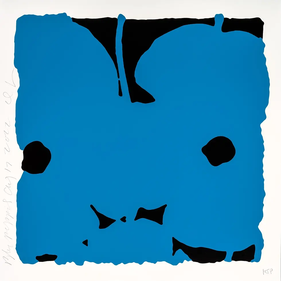 Abstract floral print by Donald Sultan featuring bold blue background with black organic shapes representing poppies