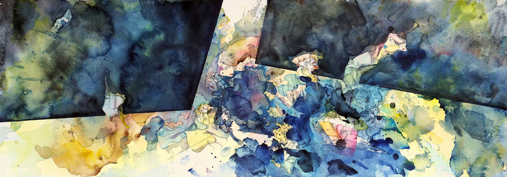 Schmale querformatige bunte Zeichnung mit schwarzen Dreiecken und geometrischen Flächen und MiniaturzeichnungenAquarell_Acryl_Pigmenttinte-auf-Papier---2022-P1127913_klein.j