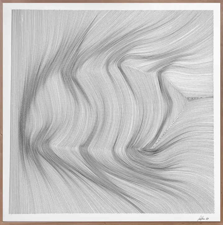 Minimalist fineliner drawing by John Franzen composed of dense, flowing lines forming a subtle wave-like structure on white paper.
