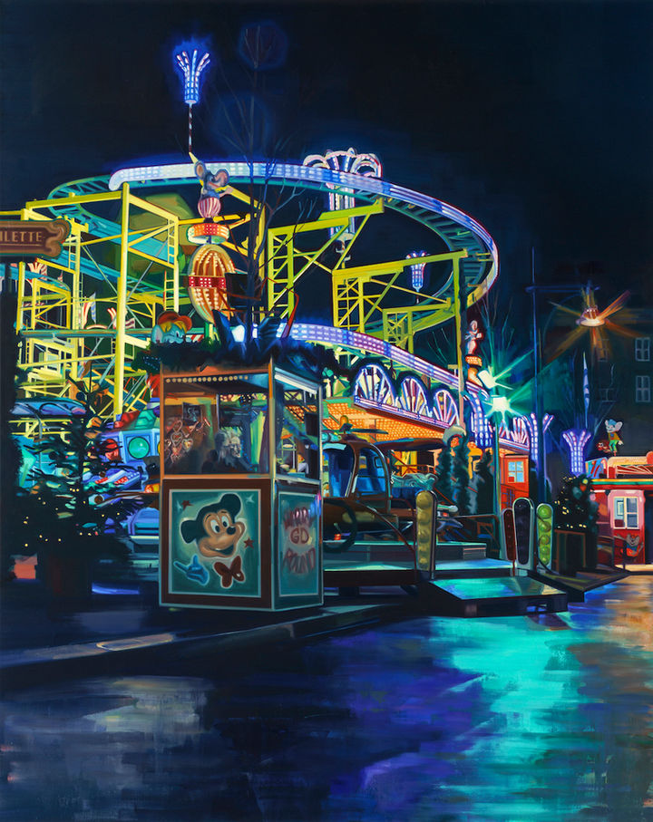 Malerei von Cameron Rudd mit
Jahrmarktszene und Fahrgeschäft bei Nacht
