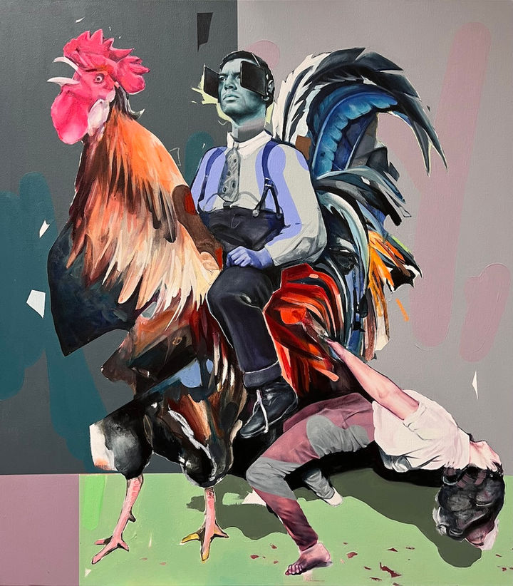 Figurative Malerei Mann auf Gockel von Timo von Eicken bei Schlieder Contemporary