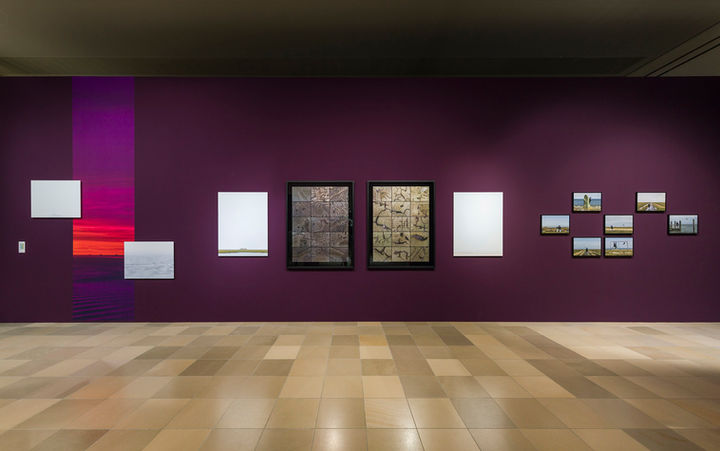 Ausstellung im Museum mit Bildern an lila Wand