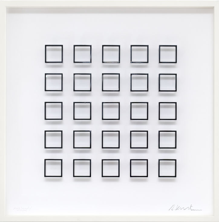 White square minimal artwork with black acrylic squares by Ralph Kerstner