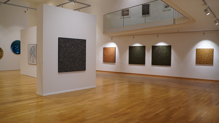 Ausstellungsansicht Galerie mit 7 Kunstwerken Zeichnung Naturkunst und runde verspiegelte Metallkunst an weißen Wänden und Holzboden