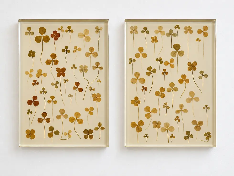 Hilde Trip, Find Your Luck, zwei Kleeblatt-Kunstwerke auf beigem Grund mit Epoxidharz auf weißer Wand