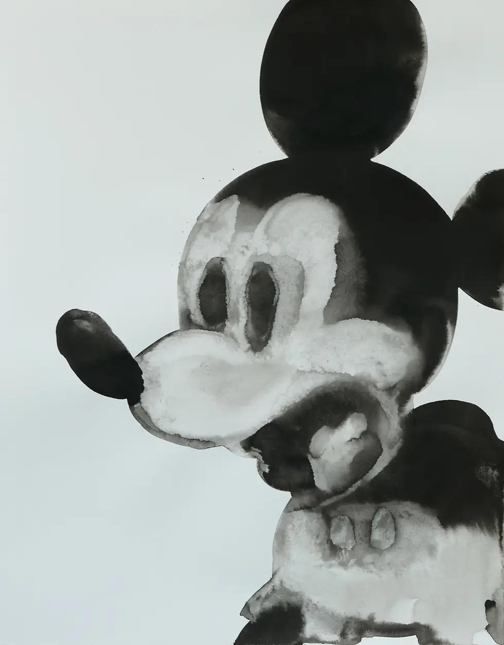 Gregor Kalus’ Schockierter Mickey Mouse als schwarz-weiße Tuschemalerei auf Papier.