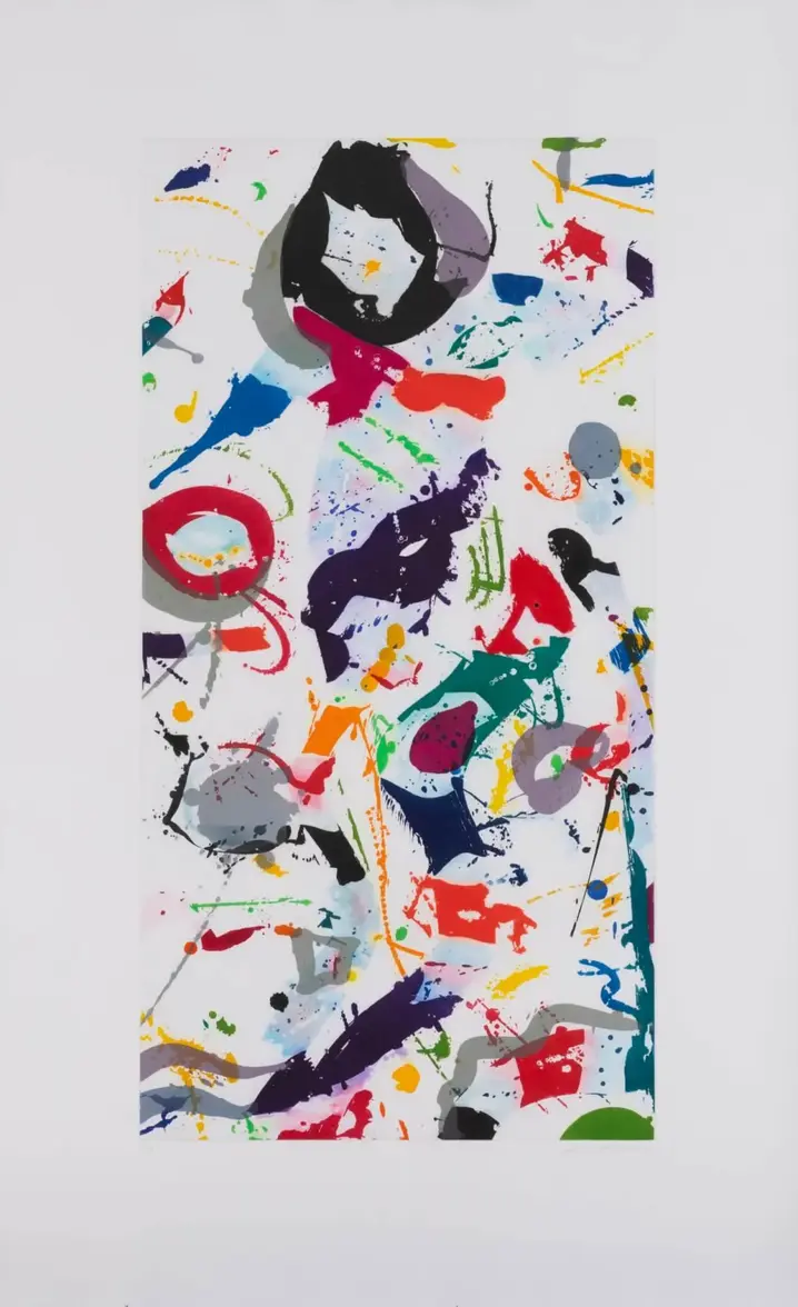 Abstract etching and aquatint by Sam Francis featuring vibrant splashes and gestural color marks dispersed across a white ground, balancing spontaneity and composition.