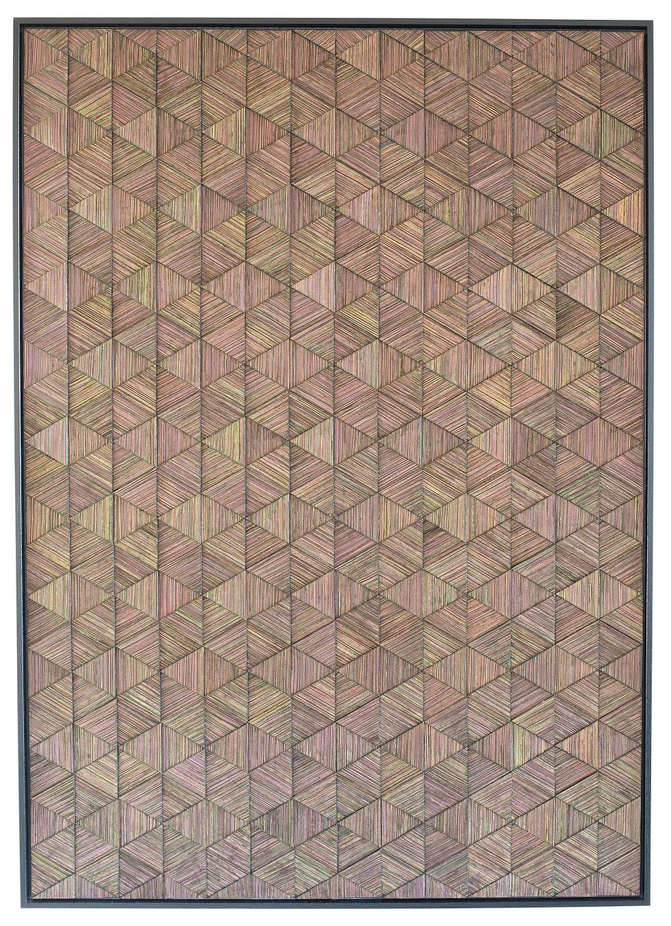 Miniaturbild: Frontalansicht des Kunstwerks Energie von Hilde Trip mit geometrischer Anordnung der Pfauenfedern