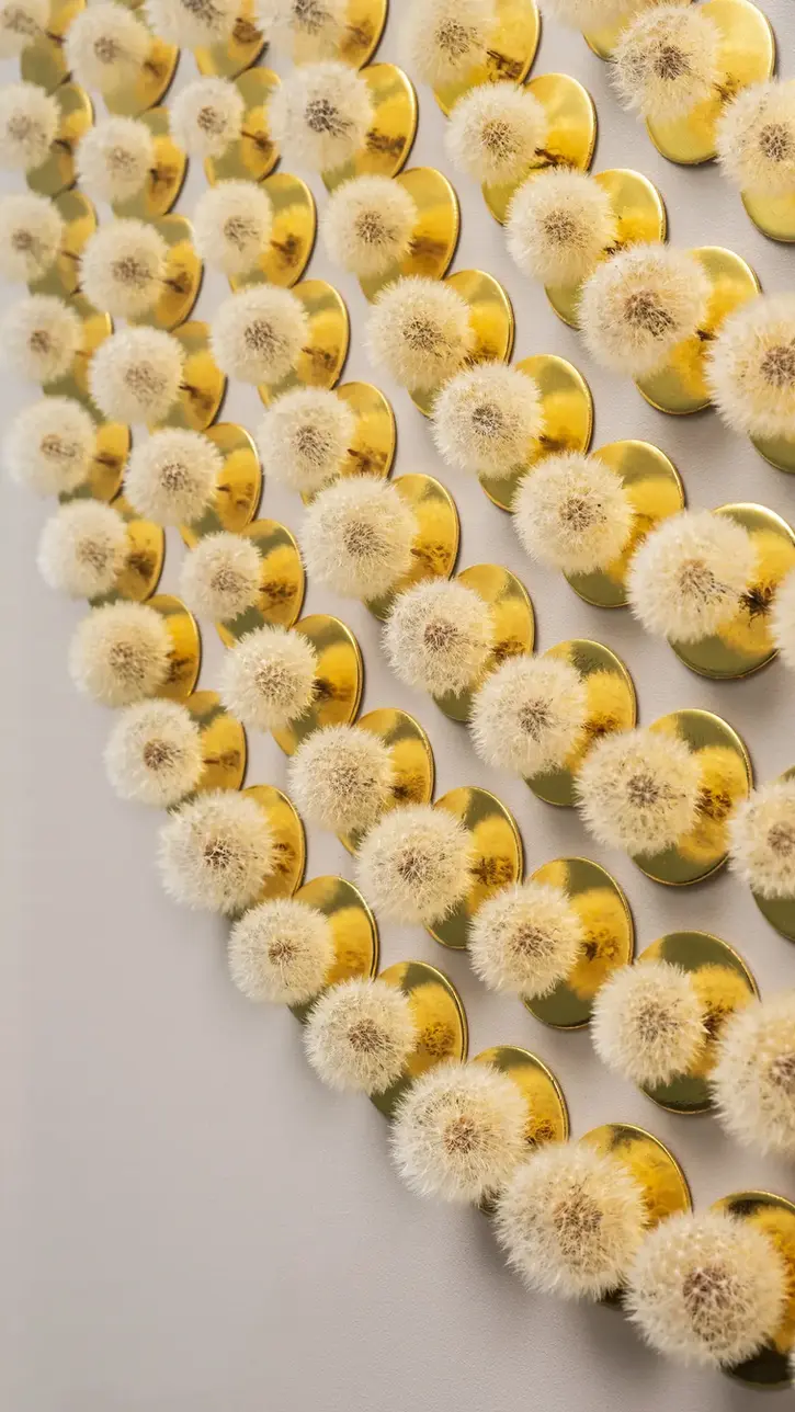 Detailansicht von Naturkunst von Hilde Trip aus echten getrockneten Pusteblumen, Blattgold und Holz