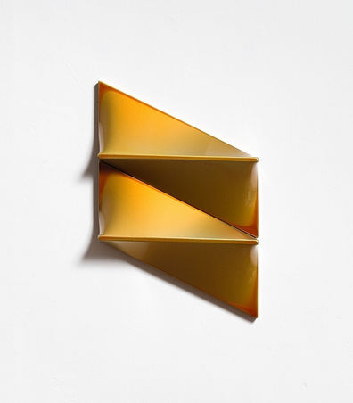 Shaped yellow canvas artwork by hungarian artist Arpad Forgo